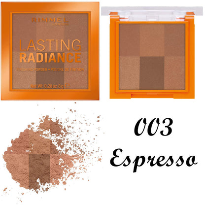 Rimmel Lasting Radiance 003 Espresso Finishing Powder: 8g of sheer-medium coverage for long-lasting, glowing complexion. Minimizes pores, illuminates skin for a flawless finish. Keeps your look fresh all day.