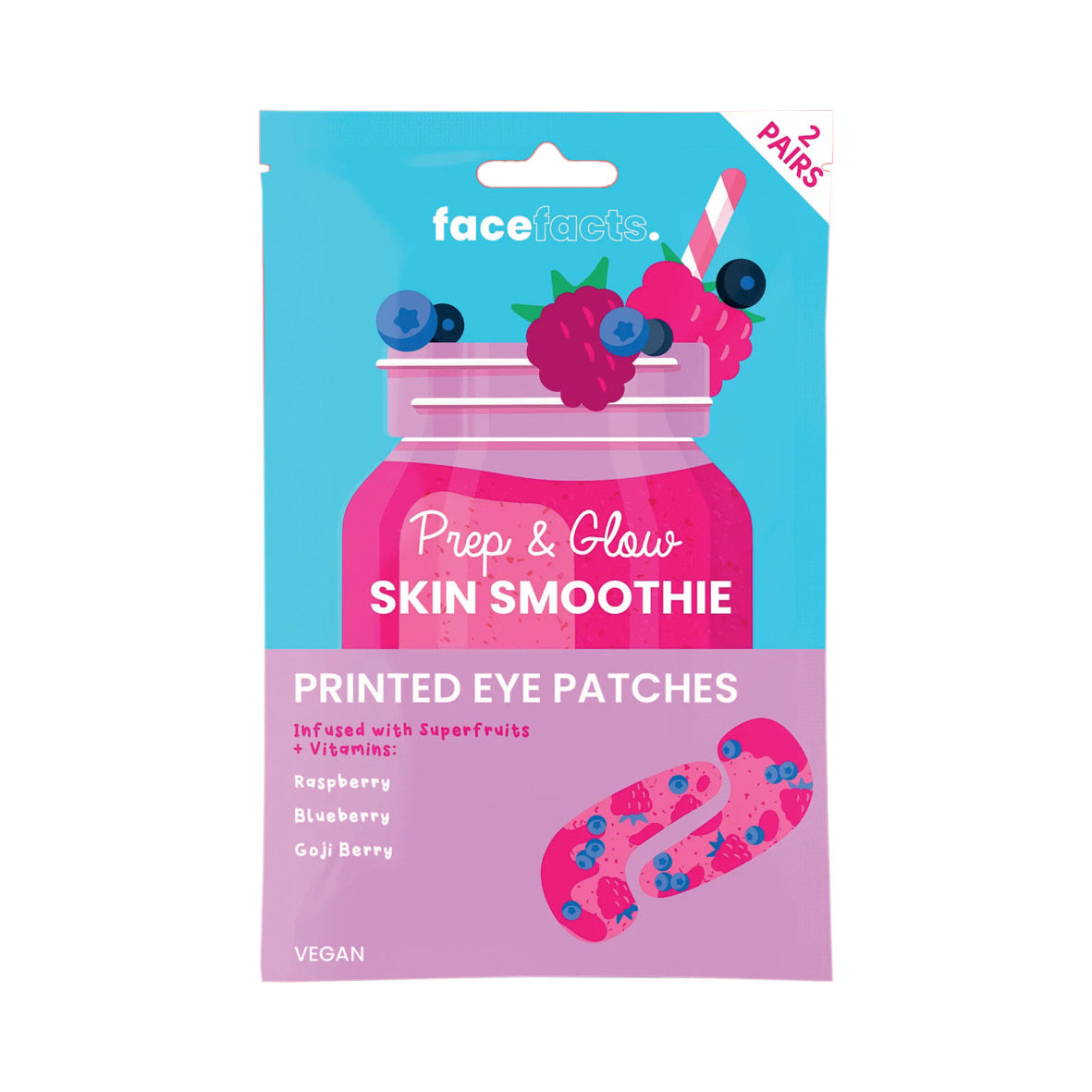 Infused with a rich blend of Superfood ingredients and Vitamins to Prep & Glow your delicate eye area. Our Printed Eye Patches are bursting with Raspberry, Blueberry and Goji Berry Extracts which help to rehydrate, smooth and refresh tired-looking eyes. The perfect Vegan smoothie your skin is craving.  Bursting with Raspberry, Blueberry and Goji Berry Extracts Help to rehydrate, smooth and refresh tired-looking eyes Vegan