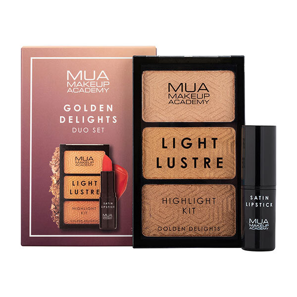 Get the golden glow with our Light Luster Highlighter Trio in Golden Delights and Satin Lipstick in Trophy.